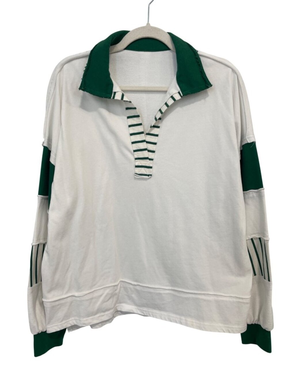 Rugby Shirt 2XL Striped VNeck Long Sleeve Pullover Colorblock White Green Preppy